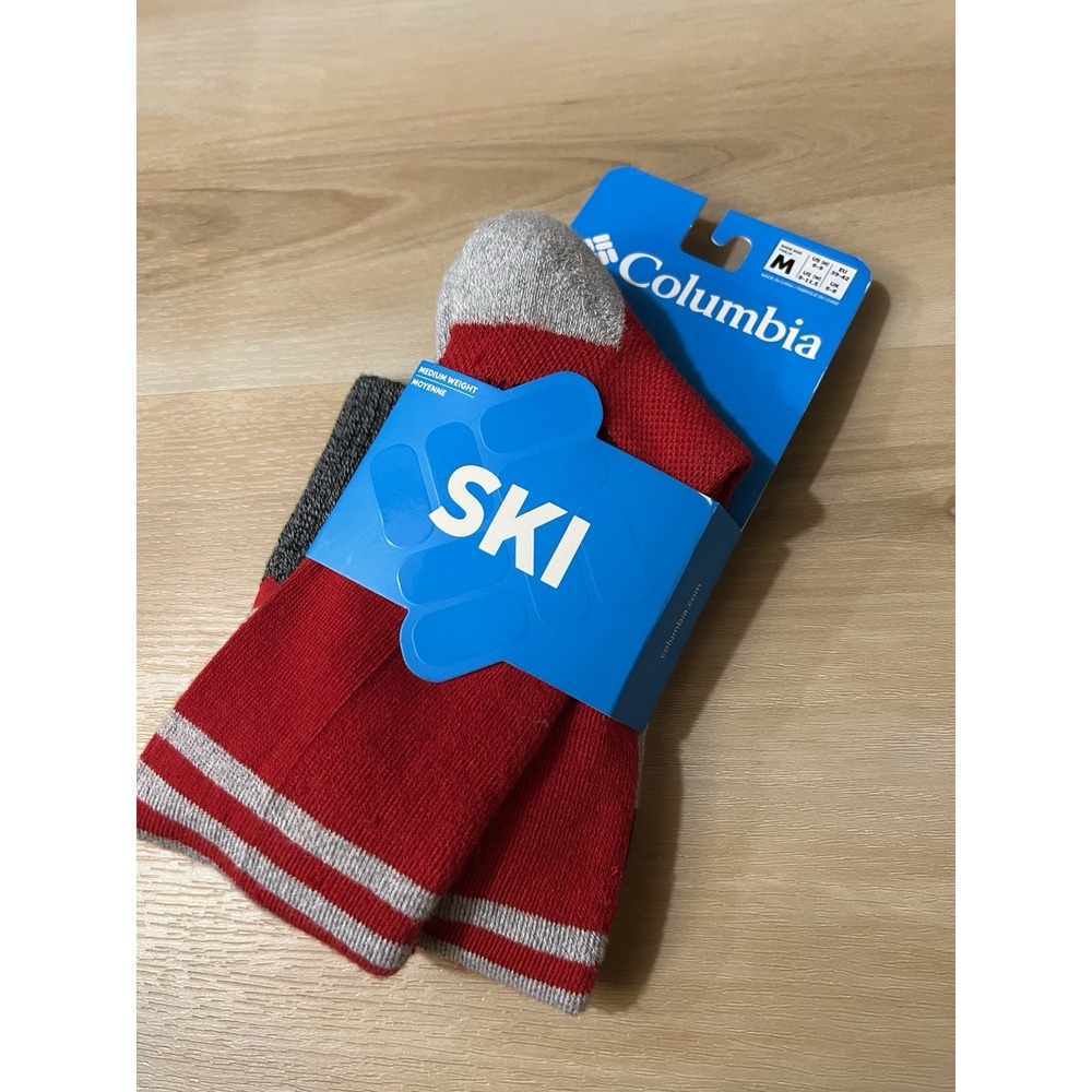 New Columbia Ski Medium Weight OTC Over Calf Red Gray Socks Pair Adult M